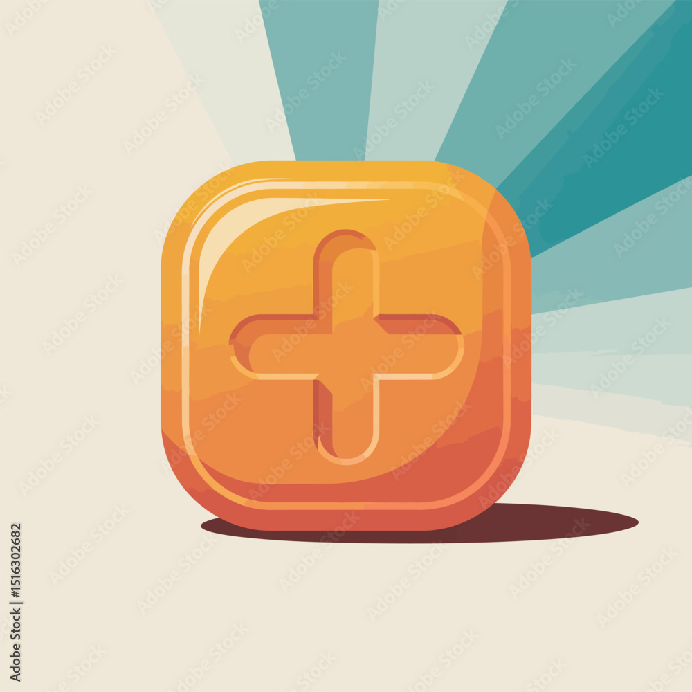 Poster add icon illustration in retro style with orange square plus sign on a light background with blue ra