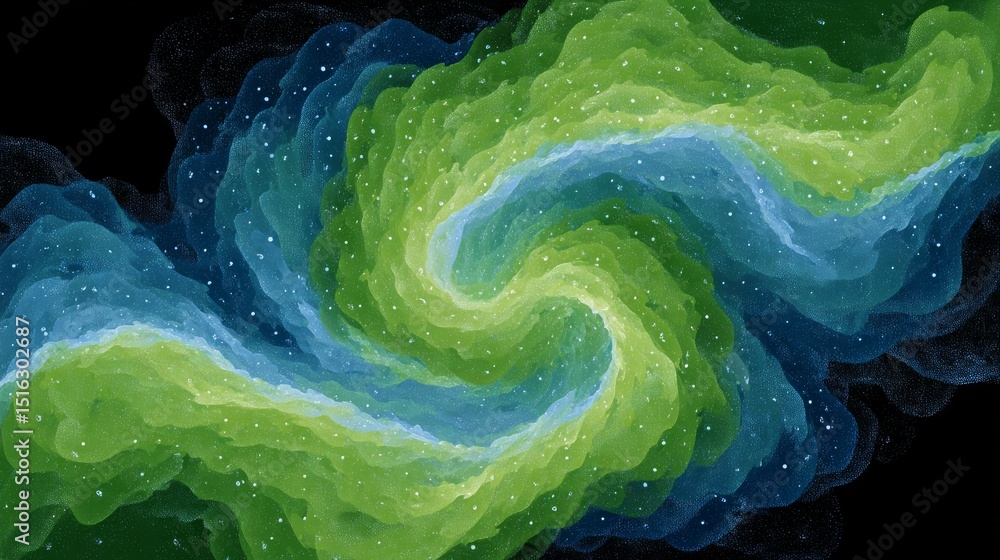 Poster neon green and blue fractal patterns swirling on black background creating vibrant cosmic visual eff