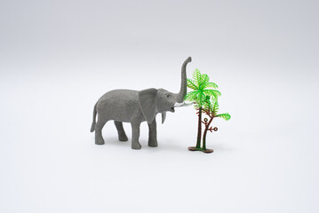 Toy animal elephant near palm tree on white background