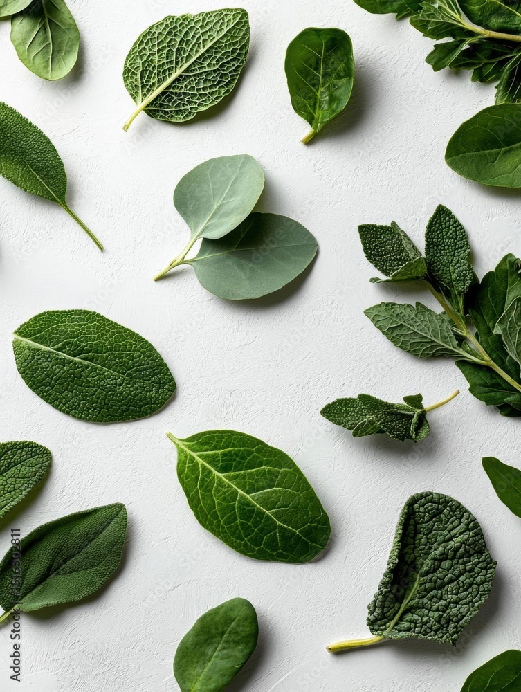 Poster flat lay of various green leaves scattered on a white background. the leaves are of different sizes 