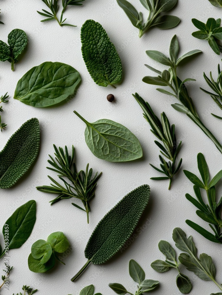 Poster flat lay of various types of herbs and leaves arranged in a scattered manner on a white background. 
