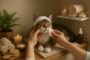 A relaxed cat enjoys a spa treatment with candles, towels, and gentle care in a cozy, serene setting.