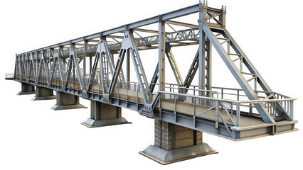 A metallic truss bridge showcasing industrial design, crafted with steel beams and wooden decking, evoking a sense of strength and durability in its construction.