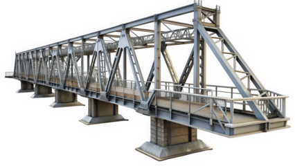 A metallic truss bridge showcasing industrial design, crafted with steel beams and wooden decking, evoking a sense of strength and durability in its construction.
