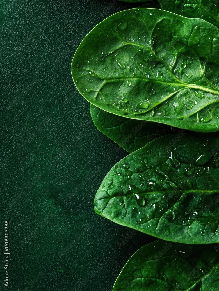 Fototapete close-up of a group of green leaves with water droplets on them. the leaves are arranged in a way th