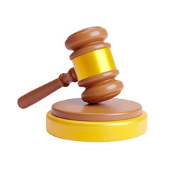 3D cartoon wooden gavel, justice symbol, legal concept, 3D rendering, brown and gold colors, Isolated on transparent background