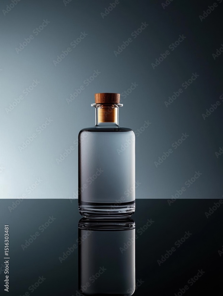 Poster photograph of a glass bottle with a cork stopper. the bottle is empty and is placed on a black surfa