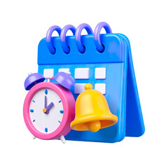 Fototapeta premium 3D illustration, calendar icon, clock icon, bell icon, time management concept, scheduling, Isolated on transparent background