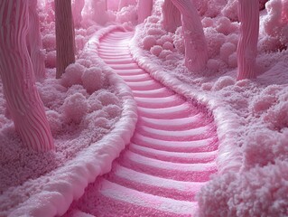 Enchanting pink pathway through a whimsical forest, inviting dreams and imagination