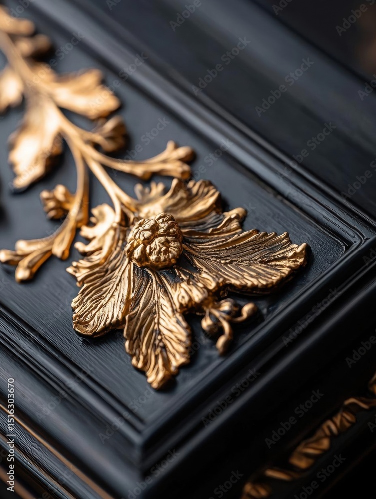 Poster close-up of a black wooden surface with a gold-colored decorative element on it. the element is in t