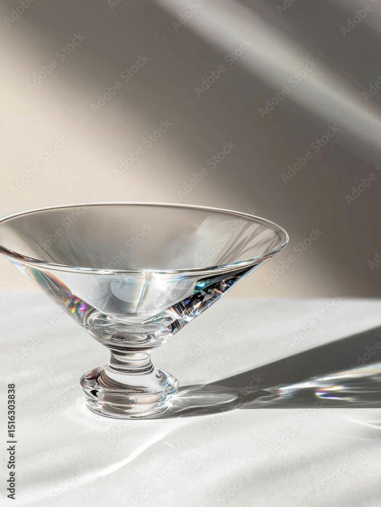 Poster close-up of a glass bowl on a white surface. the bowl is made of clear glass and has a triangular sh