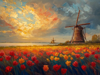 Tulip field and windmills all over the Netherlands　　　　