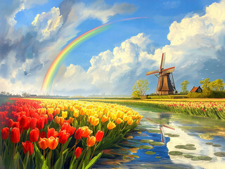 Tulip field and windmill all over the Netherlands, rainbow after rain,　　　　