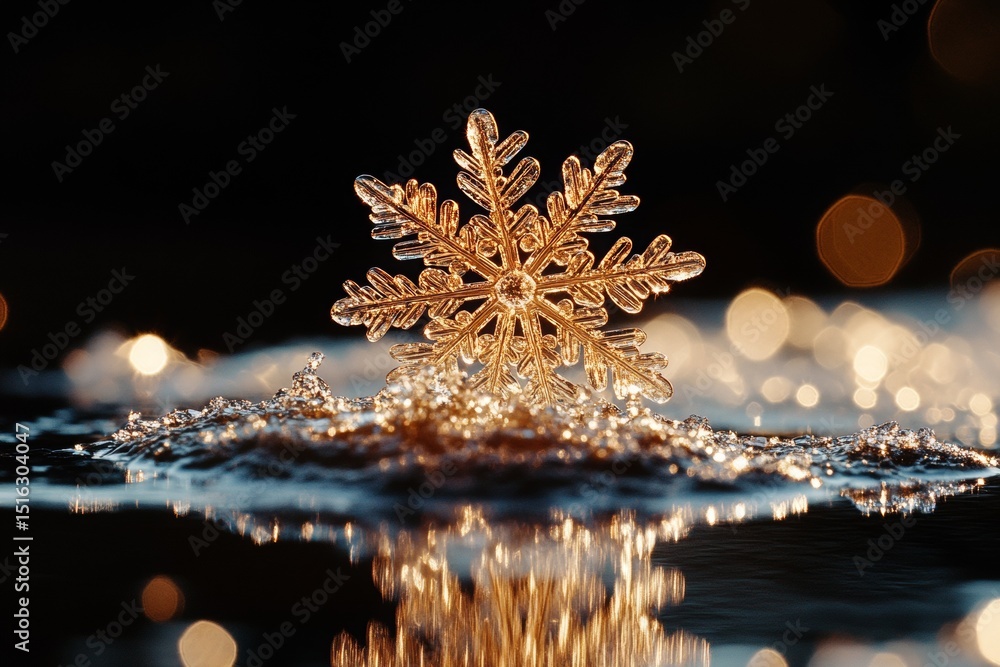 Poster golden snowflake reflection: a shimmering, macro view of a delicate snowflake, beautifully reflected