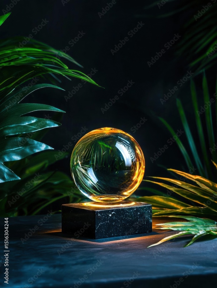 Poster glass sphere on a black marble base. the sphere is spherical in shape and appears to be made of clea