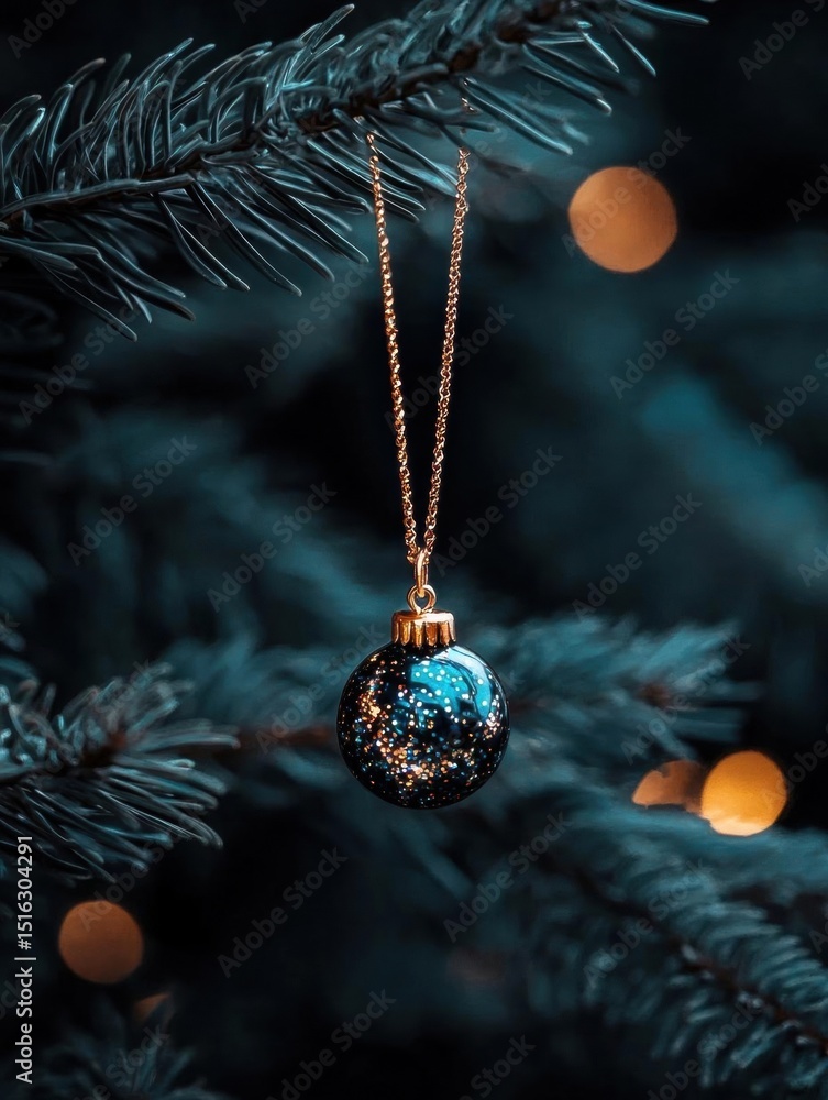 Poster close-up of a christmas ornament hanging from a branch of a pine tree. the ornament is round and has