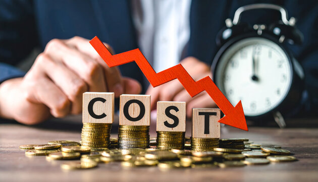 Cost reduction concept with red arrow pointing down businessman hand wooden blocks gold coins and clock symbolizing financial savings business efficiency and time management - Powered by Adobe