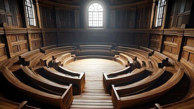 Circular wooden auditorium with tiered seating