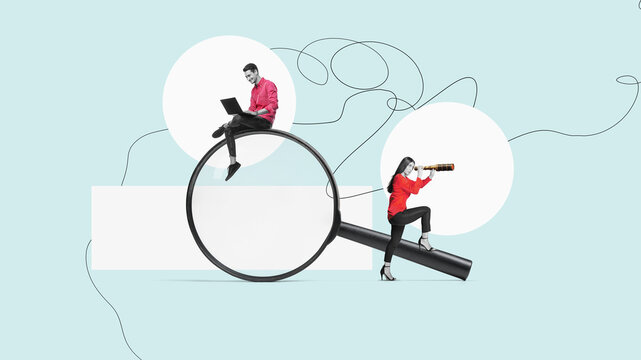 A man with a laptop and woman with telescope on a big magnifying glass. Art collage. Connect and communication in teamwork concept. - Powered by Adobe