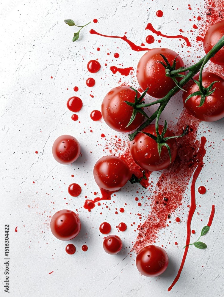 Poster flat lay of a bunch of red tomatoes on a white background. the tomatoes are arranged in a scattered 