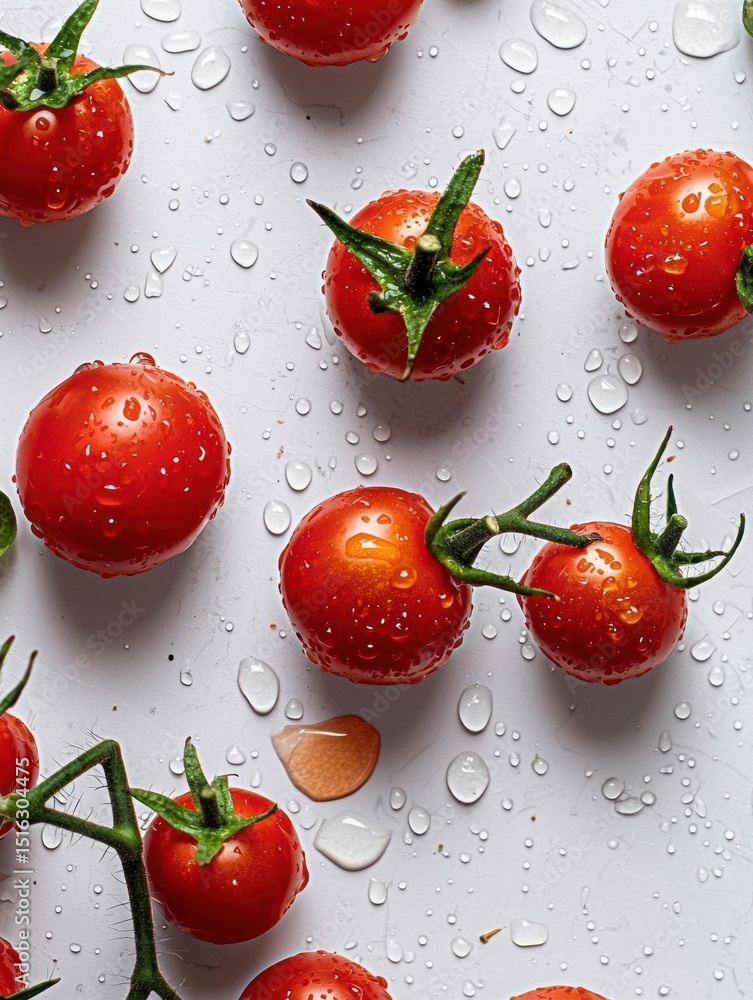 Poster group of red tomatoes on a white surface with water droplets scattered around them. the tomatoes are