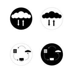 Cloud computing and data sync icons with upload download arrows and device network symbols in black and white circles

