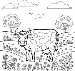 Cute cow in a flowery meadow coloring page