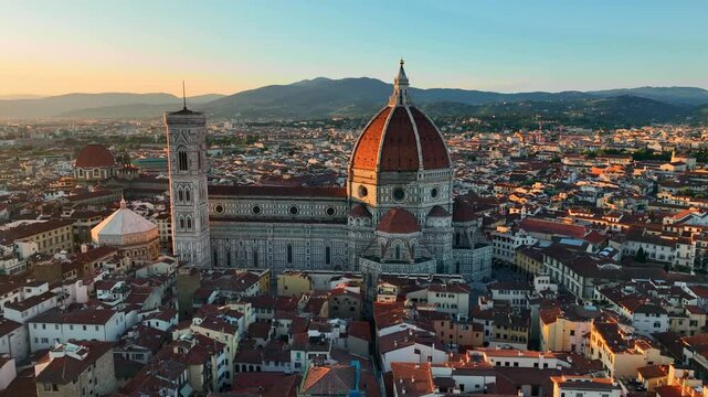 Aerial view of Florence, capital of Tuscany region in Italy, Duomo Cathedral of Santa Maria del Fiore, famous renaissance Italian landmark
