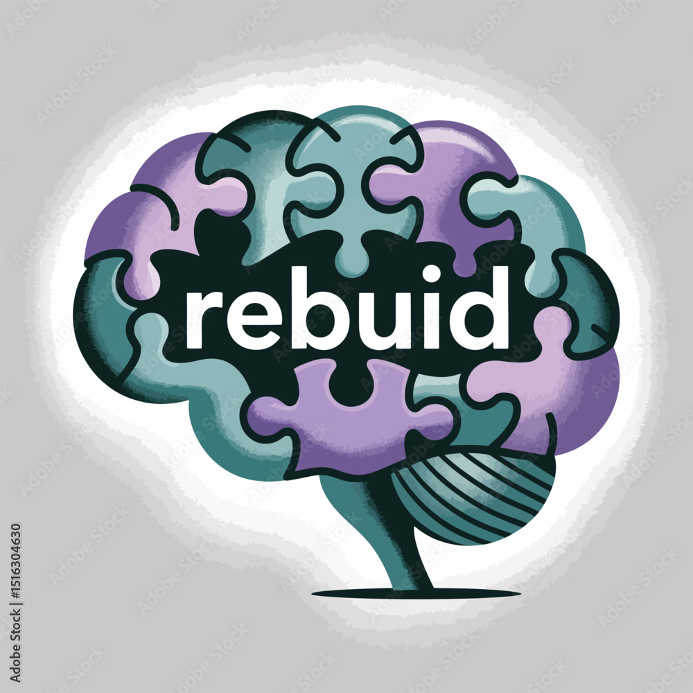 Poster conceptual illustration of a brain composed of puzzle pieces with the word rebuild emphasizing the p