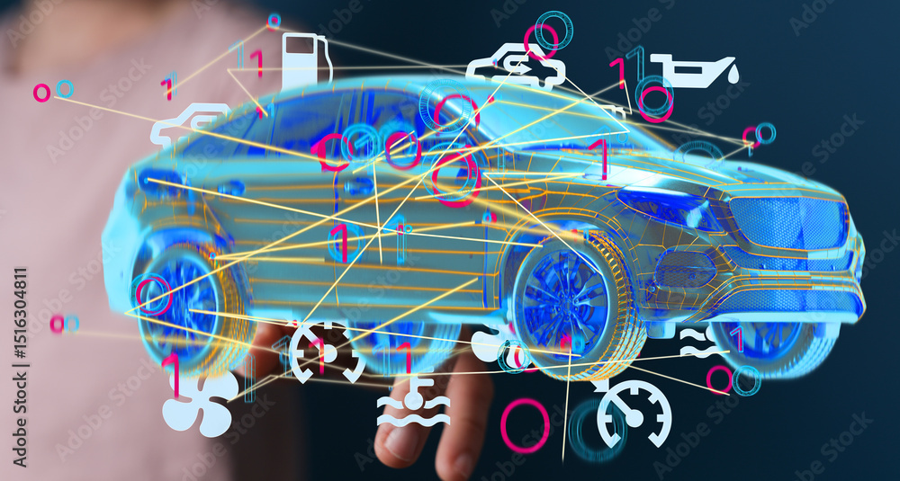 Poster Advanced car diagnostics and maintenance visualized. Future of auto tech.