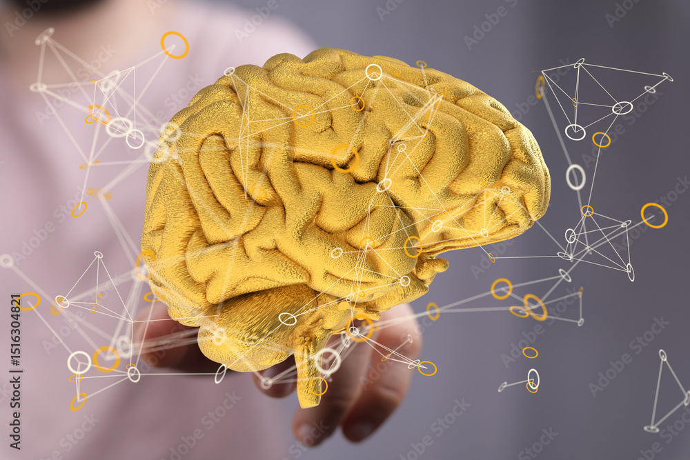 Poster 3d rendering of a golden brain with connecting lines, symbolizing neural networks and intelligence.