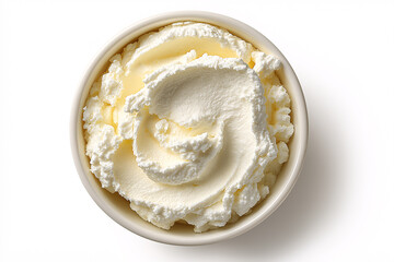 Creamy Delight: A top-down perspective showcases a swirl of fresh cream in a pristine, simple bowl, evoking richness and indulgence.