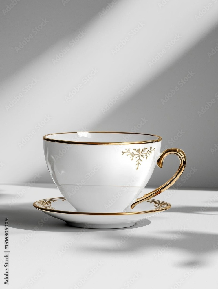 Poster photograph of a white teacup and saucer with a gold handle. the cup is empty and is placed on a whit