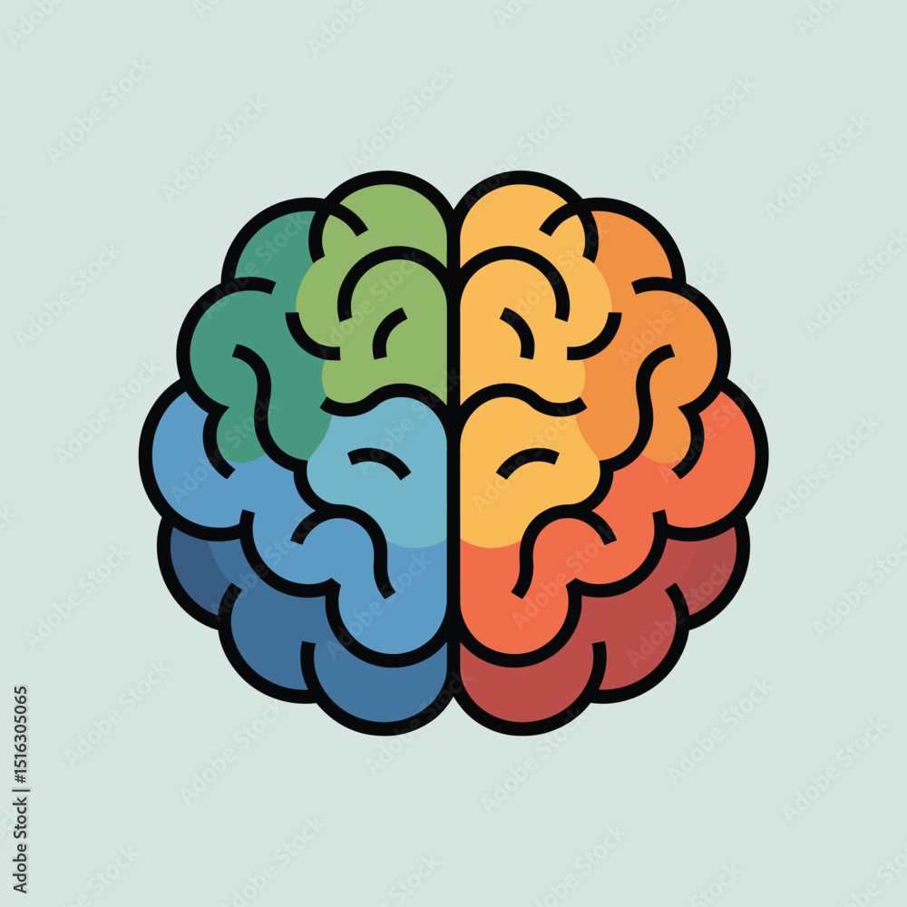 Poster a colorful and stylized illustration of a human brain representing different regions and functions i