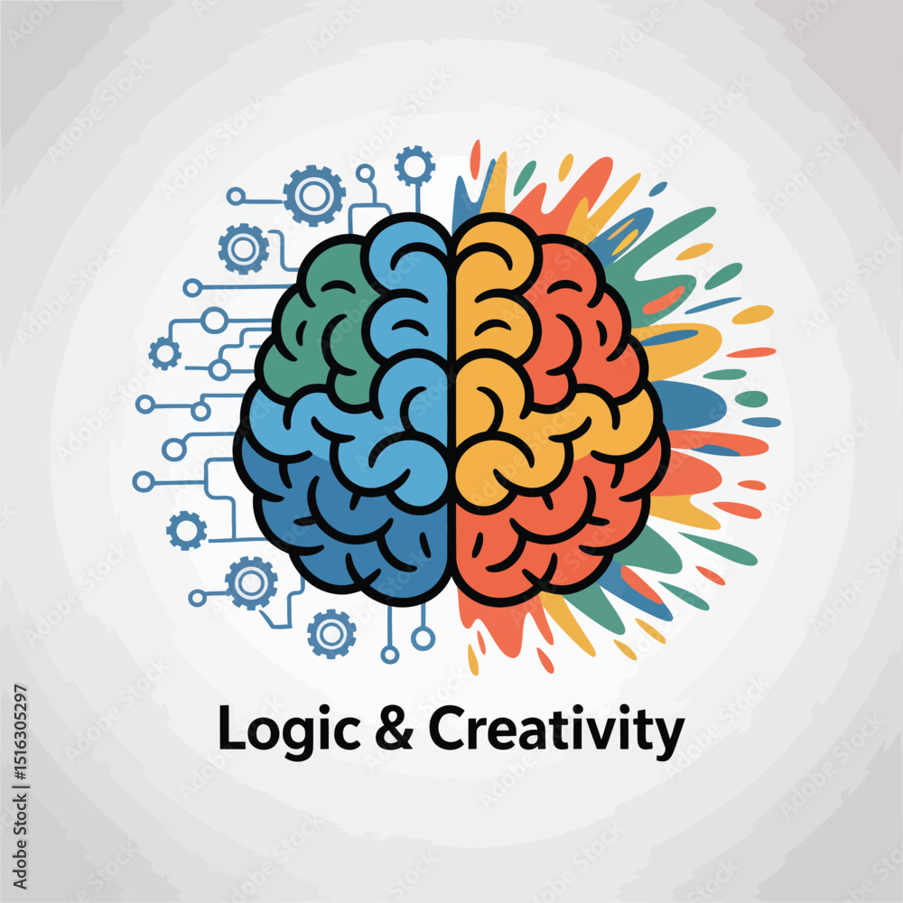 Poster the human brain depicting logic and creativity with colorful design elements demonstrating cognitive