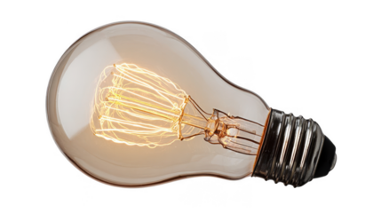 Classic incandescent light bulb softly glowing with visible filament on a transparent background, perfect for creative projects related to energy, innovation, and ideas