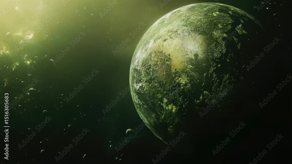 Poster a green planet surrounded by stars in space, ideal for science fiction or technology-related uses