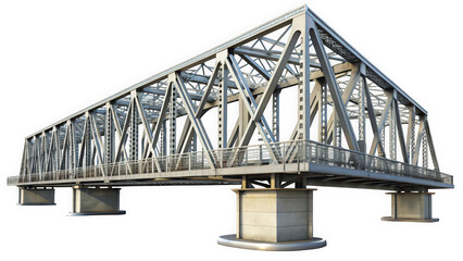 A modern metal bridge featuring a robust truss design, showcasing an industrial aesthetic with sleek lines and structural support, set against a clear blue sky.
