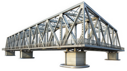 A modern metal bridge featuring a robust truss design, showcasing an industrial aesthetic with sleek lines and structural support, set against a clear blue sky.