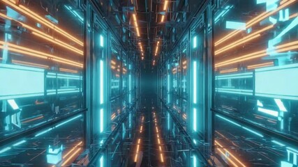 An abstract corridor vertical neon light lines holographic panels. walls data flow stripe faint glowing particles. mirror simulate digital vault. blue, orange chrome fidelity, crisp, futuristic tone - Powered by Adobe