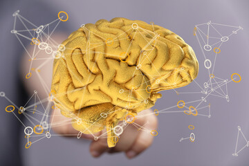 3D golden brain model, neural network, connections, intelligence, technology, innovation, future, AI, artificial intelligence, human brain, mind, thinking,
