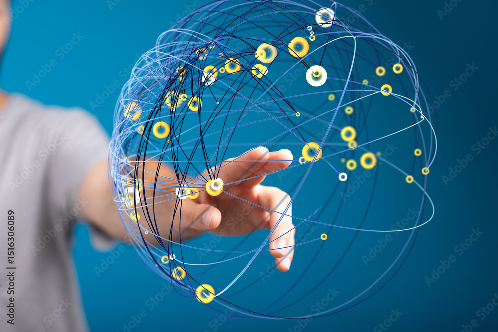 Poster abstract image of a hand interacting with a digital global network. represents connection, technolog