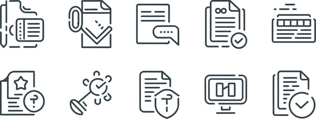 A set of ten line art icons depicting documents with various symbols and indicators on a white background