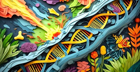 A detailed medical illustration showing nuclear fallout particles emitting beta radiation, breaking DNA strands inside a human cell nucleus with the fresh garden in quilling paper style.