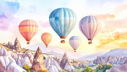 Obraz premium Colorful Hot Air Balloons Over Cappadocian Landscape at Sunrise