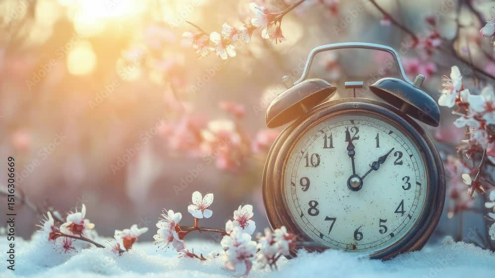 Poster an alarm clock sits on top of snowy ground, ideal for winter-themed compositions or morning routines