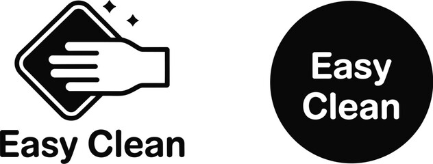 Easy clean icons featuring a hand wiping a surface and a black circle with easy clean text inside