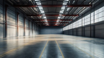 Large empty warehouse with concrete floor and natural light, a storage facility