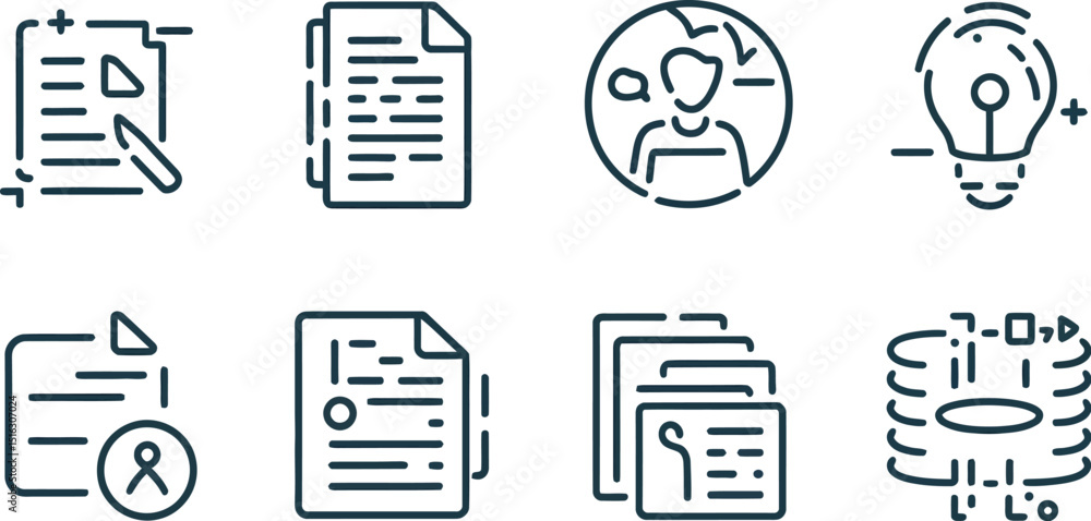 Poster a collection of eight line art icons representing documents ideas and networking on a white backgrou