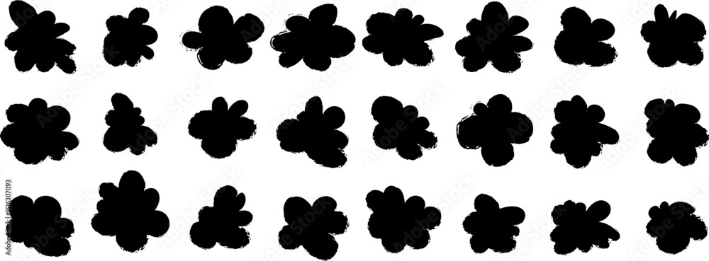 Poster set of abstract black grunge flower-like blobs created with dry brush strokes. great for organic des